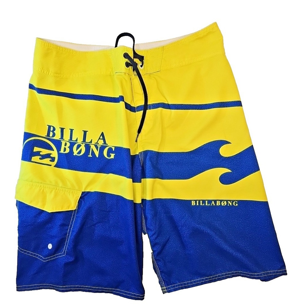 Vtg Billabong Aussie Mens Surf/Boardshorts Sz 32/33 Yellow Blue Colorblock/Wave
